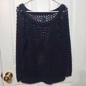 American Eagle Navy Blue Open Knit Crochet Sweater Three Quarter Sleeves Size L